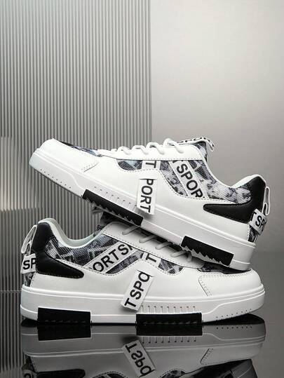 Men's Fashion Contrast Color Random Letter Print Ribbon Sports Shoes, Streetwear Casual Lace-Up Skateboard Sneakers For Daily Wear