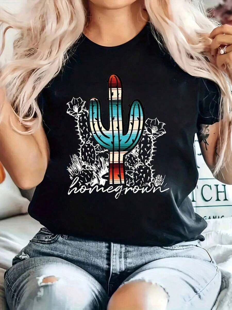 Women's Casual Short Sleeve Round Neck T-Shirt Fashion 2026 Casual Style Round Neck T-Shirt 100% Cotton With Western Cowboy Design Cozy Soft Simple Everyday Wear Short Sleeve Top - 黑色 - 查看 1