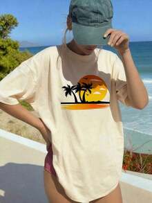 Women's Vintage T-Shirt. New Summer Women's T-Shirt, Loose Fit, Round Neck, Short Sleeves, With A Simple Slogan Print, Ideal For Vacations. Fashionable Blouse For Everyday Wear And Holidays. Gothic Style. - 膚色 - 查看 2