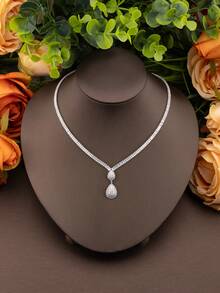 1 Set Luxury Elegant Cubic Zirconia Teardrop Jewelry Set, Includes 1 Pair Earrings, 1 Necklace, 1 Bracelet, 1 Ring, Suitable For Women's Daily And Party Wear, Excluding Gift Box - Silver - View 4