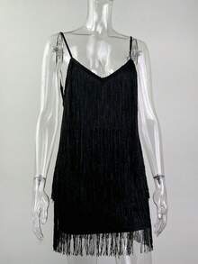 Fitted Multi-Layered Sequined And Fringed Strapless Evening Dress - Black - View 5