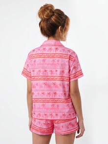 Womens Summer Pajamas Set Coconut Tree Print Button Down Short Sleeve Tops With Shorts Lounge Wear 2 Pcs Set - Pink - View 5