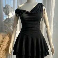 MOD Plus Size Women's Modest Black Draped Neck Dress - Deep V Tiered Ruffle Hem Knitted A-Line With Adjustable Lace-Up For Everyday/Party/Vacation,Can Be Worn With A Slanted Shoulder, Or In Multiple Ways.,Birthday Dresses For Women - Negro - Ver 1