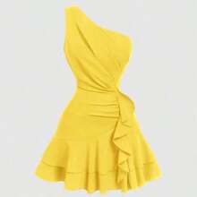 MOD Plus Size Women's White Asymmetric Ruffle Hem Mini Dress,Wedding Guest Dress Women White One Shoulder Dress White Ruffle Dress White Cocktail Dress White Party Dress White Mini Dress,Christmas, Valentine's Day - Amarillo - Ver 1