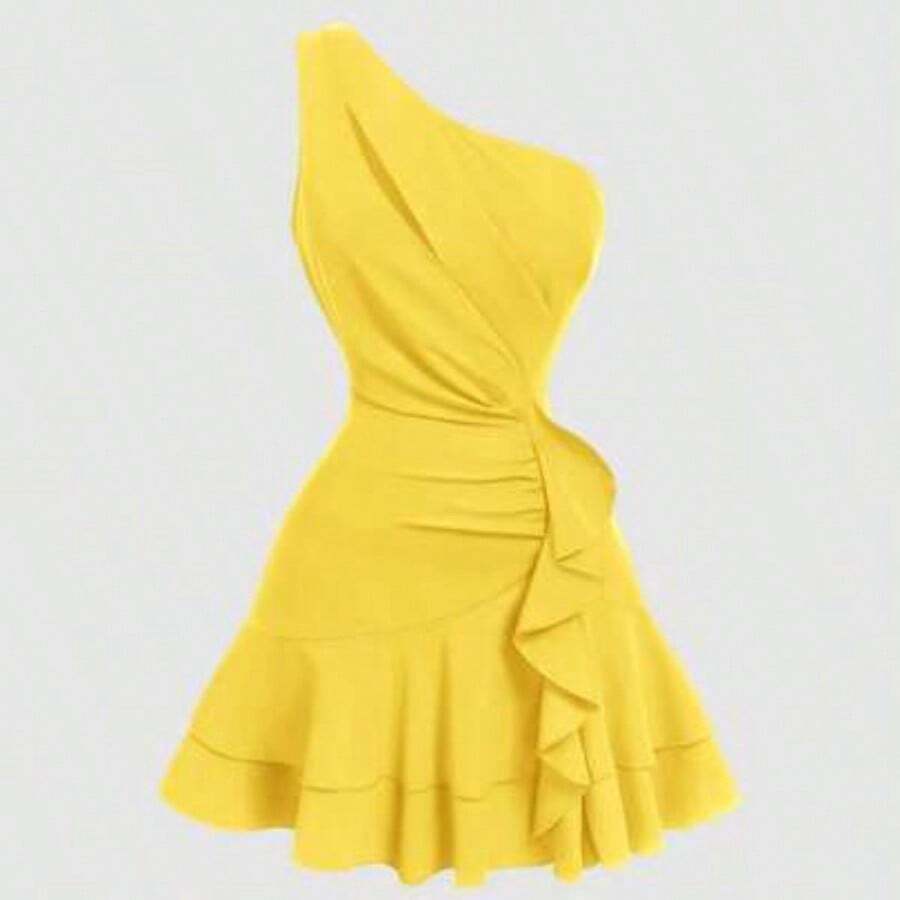 MOD Plus Size Women's White Asymmetric Ruffle Hem Mini Dress,Wedding Guest Dress Women White One Shoulder Dress White Ruffle Dress White Cocktail Dress White Party Dress White Mini Dress,Christmas, Valentine's Day - Amarillo - Ver 1