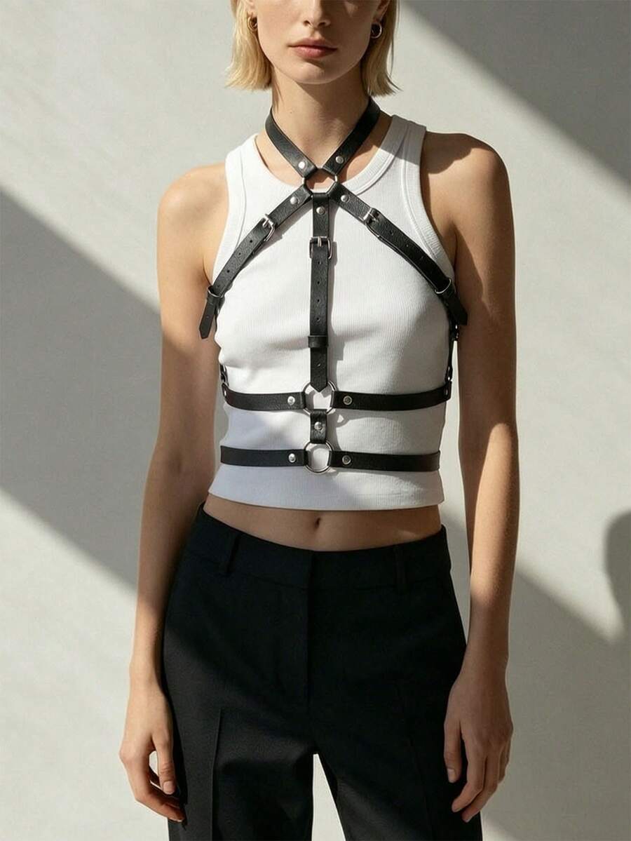 1件性感女士胸部束缚带,皮革吊袜带,身体装饰带,约会万圣节派对服装内衣配饰 - 黑色 - 查看 1