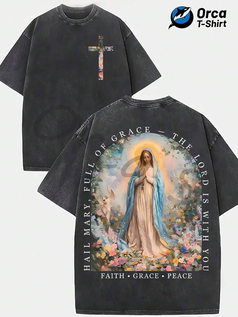 Washed Cotton T-Shirt With A Floral Print Of The Virgin Mary And The Hail Mary, Urban Style, By The Brand Orca. Suitable For Casual Wear, Outdoor Activities, Parties, Vacations, Gifts, And Other Occasions. - 黑色 - 查看 1