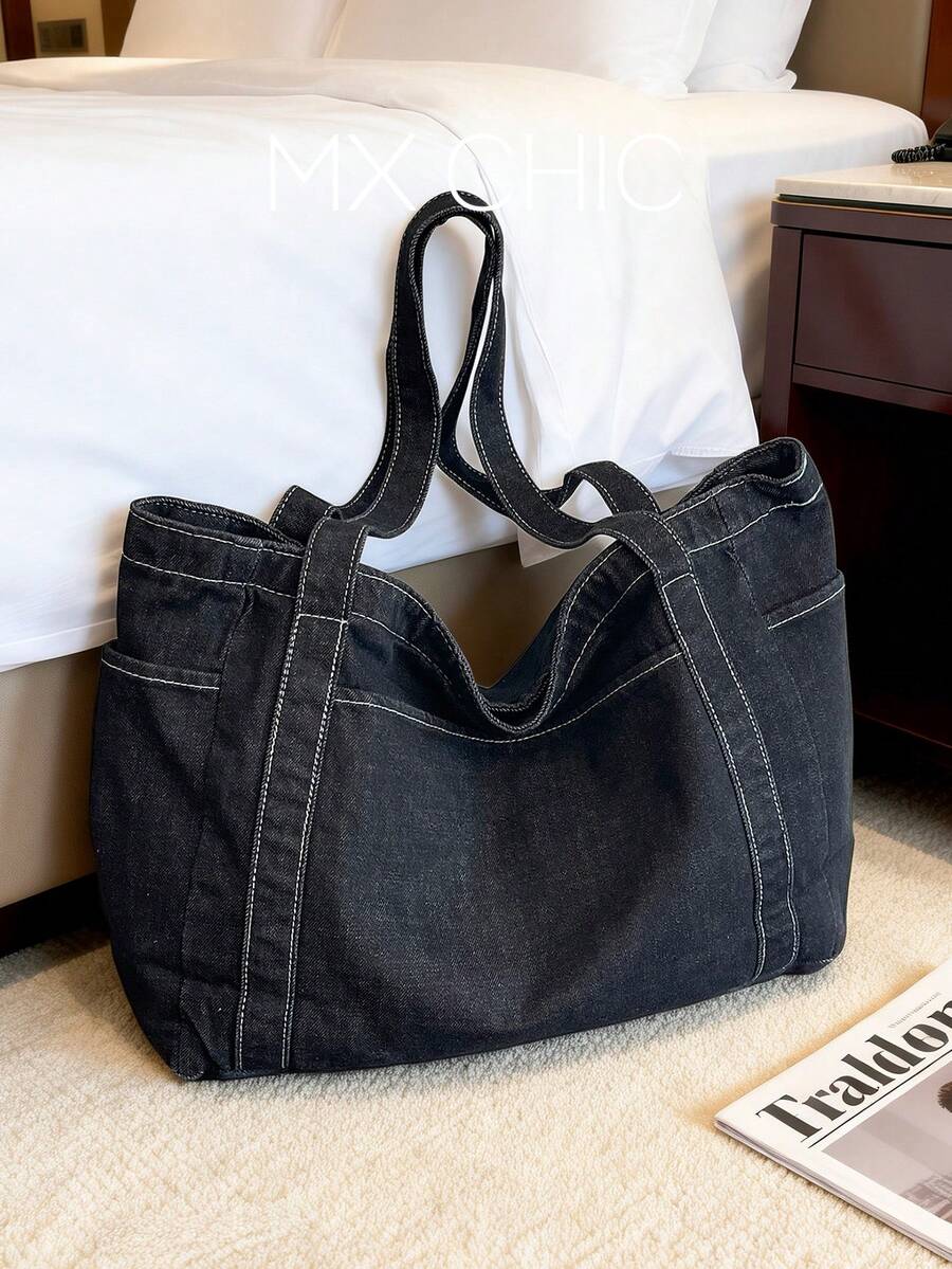 1 buah Tas Tote Kanvas Biru Berkualitas Tinggi, Tas Kapasitas Besar untuk Perjalanan/Kerja/Belanja, Tas Bahu Minimalis Serbaguna untuk Wanita - Hitam - View 1