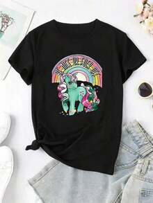 Camiseta de mujerCamiseta Casual de Manga Corta para Mujer con Cuello Redondo, Fondo de Arcoíris de Unicornio Verde con Estampado de Estrellas, Camiseta de Manga Corta para Primavera y Verano, Camiseta con Estampado de , Camiseta Casual de Moda con Estampado de Dibujos Animados deCómoda y ligera - Negro - Ver 8