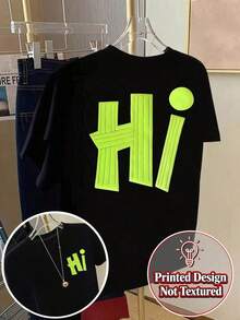 Gift Short Sleeve Printed T-Shirt [Double Print On Front And Back] -  Fluorescent Green Print - Fashionable Printed T-Shirt For Women Spring/Summer, Fashion Item - Unisex Loose Cotton Short Sleeve Crew Neck T-Shirt Vintage Urban Soft - 黑色 - 查看 7