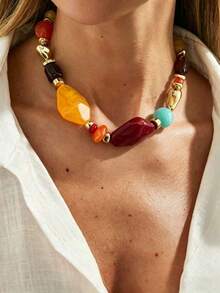 1pc Vintage Bohemian Asymmetrical Resin Beaded Necklace Personalized Fashion Adjustable Charm Necklace Exquisite Versatile Light Luxury Classy Minimalist Atmospheric Light Retro For Women Daily Wear Vacation Decoration Outfit Matching - 彩色 - 查看 5
