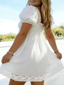 Women Plus Size Lace Splicing Dress Solid Color Square Neck Puff Sleeve Casual Loose Short Mini Dress - White - View 2