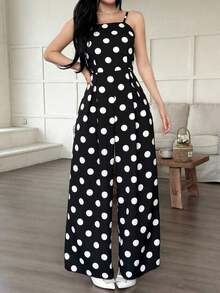 Mono informal de pierna ancha plisado de unicolor para mujer - Blanco y Negro - Ver 5