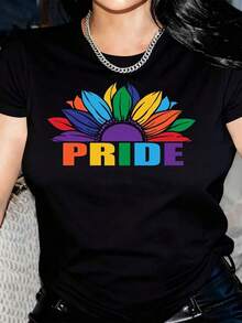 Camiseta de Mujer con Diseño de Flores Arcoíris, Estampado Casual de Cuello Redondo y Manga Corta, Adecuada para Uso Diario al Aire Libre, Perfecta para Todas las Temporadas - Negro - Ver 6