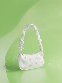 Trivaya 1pc White Nylon Floral Print Zipper Casual Shoulder Bag, Versatile & Fashionable For Women Daily Use, Cream Bag - White - View 1