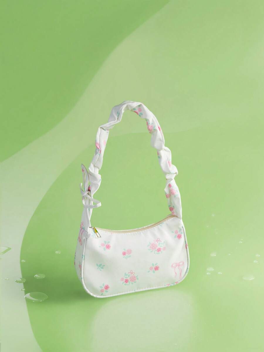 Trivaya 1pc White Nylon Floral Print Zipper Casual Shoulder Bag, Versatile & Fashionable For Women Daily Use, Cream Bag - White - View 1