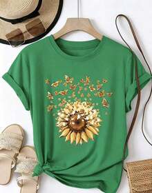 Casual T-Shirt With Sunflower Print - With Bow Design - Casual Round Neck, Short Sleeve,  Spring/Summer T-Shirt - Unisex Loose Cotton T-Shirt With Short Sleeves And Urban Vintage Style Round Neck. - 綠色的 - 查看 7