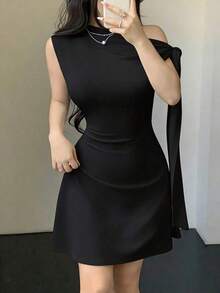 Vestido corto asimétrico con nudo en la cintura para mujer - Negro - Ver 5