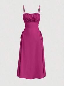 Vestido de tirantes unicolor pecho con fruncido con cordón lateral - Rosa Fucsia - Ver 6