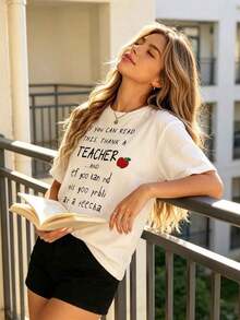 Funny T-Shirt For Teachers - With The Inscription "If You Can Read This, Thank A Teacher" And "Yoo Kan Rid Ths Yoo Prbli Ar A Teecha", Casual Short Sleeve Crew Neck T-Shirt For Educators, Spring Summer - 白色 - 查看 3