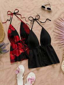 2 piezas Camiseta sin espalda con escote en V y tirantes con estampado de leopardo sexy, adecuada para vacaciones, citas, té de la tarde, vacaciones, festivales de música, estilo bohemio - Multicolor 19 - Ver 6