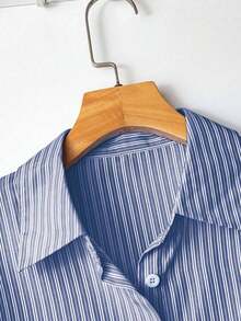 Camisa de mujer de un solo pecho a rayas, versátil y casual para uso diario - Azul 3 - Ver 6