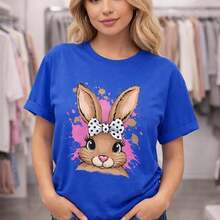 Women's Plus Size Cotton T-Shirt, M-5XL, Black Short Sleeve T-Shirt With Rabbit Print, Polka Dot Bow Design, Casual Loose Fit, Soft And Breathable Fabric, Fashionable Summer Top For Everyday Wear, Easter Gift Idea, Comfortable Oversized T-Shirt - 藍色 - 查看 12