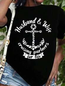 Camia con diseño de ancla para esposos en viaje de por vida, regalo náutico para parejas, ropa romántica de playa, ajuste de verano, transpirable y cómoda. - Negro - Ver 2