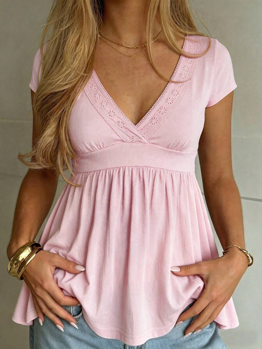 Camiseta de manga corta rosa estilo Y2K para verano, diseño de cuello con encaje, adecuada para ropa urbana, uso casual y de ocio - Rosa - Ver 1