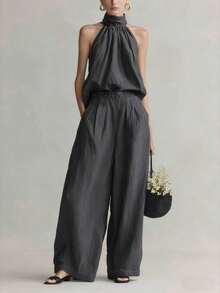 Conjunto elegante para mujer primavera-verano 2026, blusa sin mangas de cuello redondo y pantalones formales - Grafito - Ver 1