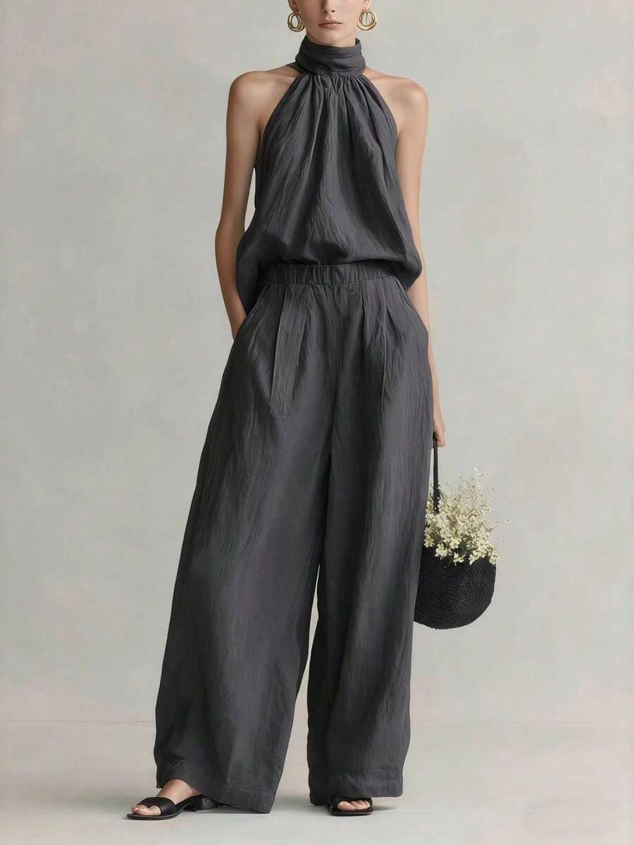 Conjunto elegante para mujer primavera-verano 2026, blusa sin mangas de cuello redondo y pantalones formales - Grafito - Ver 1