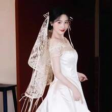 1 Peça Tiara de Noiva Francesa Elegante Bordada Curta, Véu de Noiva Vintage de Renda Completa com Tule Macio Comprimento de Ombro com Decoração de Laço e Fita, Véu de Casamento Elegante, Acessório de Vestido de Noiva - Branco - Visão 5