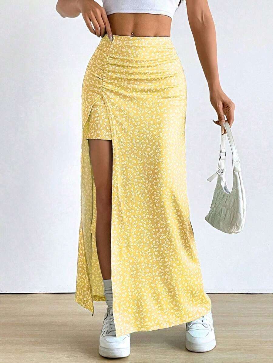 Falda larga con diseño floral pequeño y abertura en el dobladillo - Amarillo - Ver 1