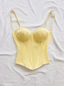 Top corto de camisola con textura de punto de onda para vacaciones, conjunto sexy para la playa/cita - Amarillo claro - Ver 5