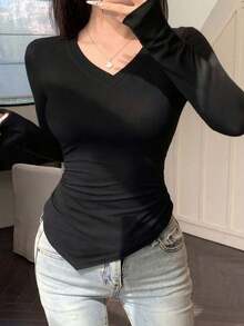 Camiseta de manga larga ajustada con diseño asimétrico para mujer, color negro, para verano - Negro 3 - Ver 3