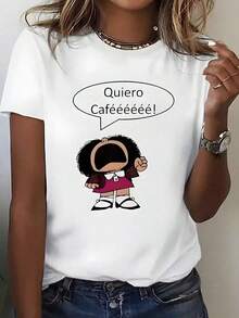 1 pieza de camiseta casual para el Día de San Valentín, "¡Quiero Cafééééééé!" Camiseta Gráfica de Mafalda, Divertida Camiseta de Manga Corta con Estampado de Dibujos Animados Amantes del Café, Diseño Divertido y Relacionable, Tejido 100% Algodón Suave y Transpirable, Cuello Redondo Cómodo, Corte Relajado para Uso Diario, Perfecta para Regalos de San Valentín, Salidas para Comprar Café y Reuniones Casuales, Ligera y Amigable con la Piel, Ideal para Quienes Aman el Humor Nostálgico de los Dibujos Animados y la Obsesión por el Café (Pieza Única, Material: 100% Algodón) 180g Algodón 100% - Blanco - Ver 7
