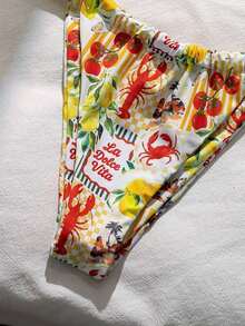 Swim Mod Conjunto de bikini de dos piezas con estampado de frutas y verduras en todo el diseño, con escote halter y lazos, para vacaciones de verano - Multicolor 7 - Ver 4