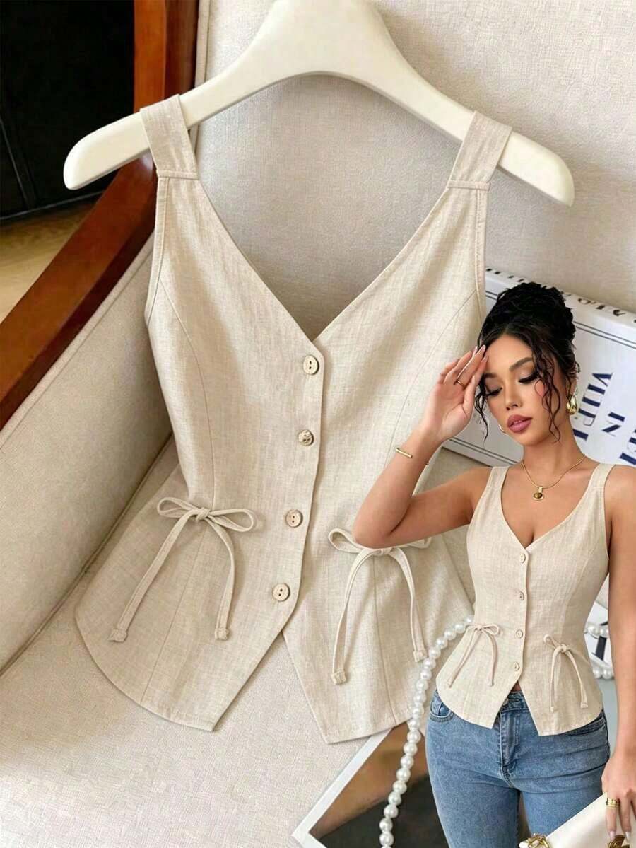 Nuevo Llegada para el Día de San Valentín 2025 Blusa de Tirantes con Cuello en V Profundo, Cintura Ceñida y Lazo para Mujer, Primavera/Verano - Albaricoque 2 - Ver 1