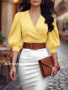 Blusa corta de mujer con cuello en V, manga de pétalo con lunares, cintura ceñida, nueva para primavera/verano - Amarillo claro - Ver 1