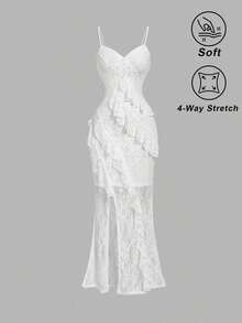 Vestido largo con abertura alta, cuello en V y volantes, con estampado de teñido anudado, vestidos de verano para mujer, vestidos en tonos pastel, vestido de fiesta, atuendo de fiesta, vestido de playa, atuendos de playa para mujer, vestidos ele - Blanco - Ver 7