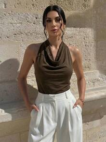 Blusa elegante minimalista con cuello drapeado y lazo delantero para mujeres, color albaricoque - Café integral - Ver 5
