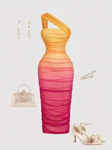 Vestido de malla de longitud media con un hombro, fruncido y efecto ombré - Rosa Fucsia - Ver 1