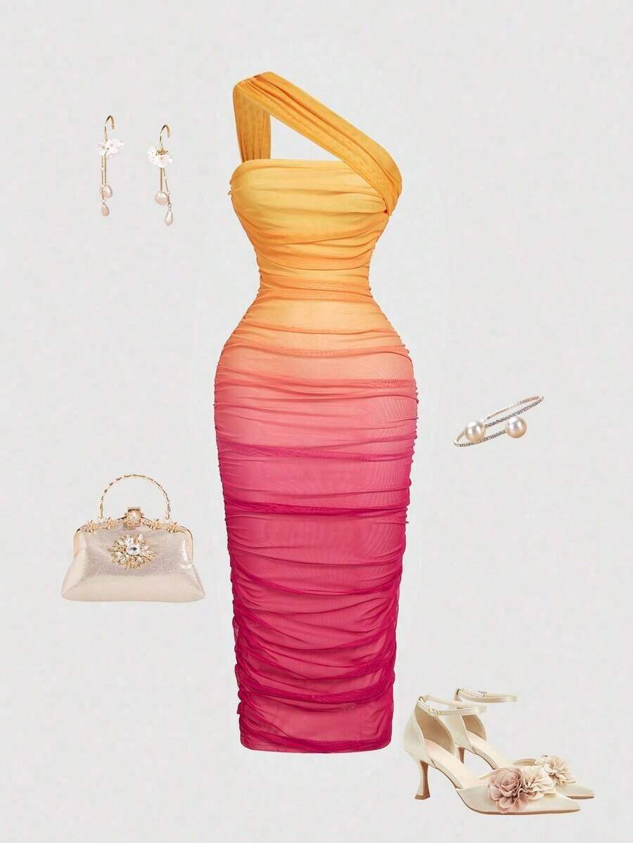 Vestido de malla de longitud media con un hombro, fruncido y efecto ombré - Rosa Fucsia - Ver 1