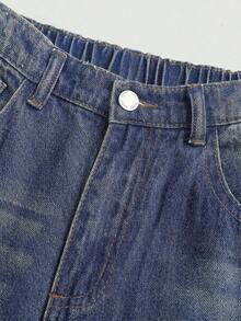 Jeans sencillos de uso diario con estampado de bigotes de gato para niñas adolescentes - Azul lavado medio 3 - Ver 3