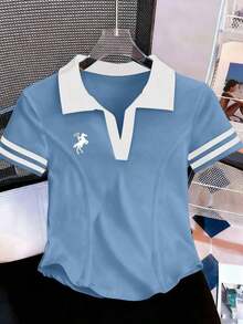 Camiseta de mujer casual de manga corta con cuello polo, estampado de caballero a rayas y contraste de color - Celeste - Ver 8