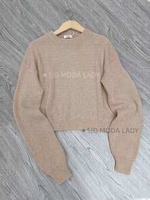 SJD MODA LADY Women's Striped Modal Knit Sweater, Solid Cropped Top For Women, Perfect For Autumn, Winter, LA Top, Off-The-Shoulder, Round Neck, Long Sleeves, Daily Wear, Office, Magazine Style, , Romantic, Retro, Casual, Chic, College, Minimalist, Versatile, Korean, Y2K, Teen, Youth - Màu be - Xem 2