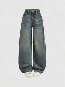 Girlism Pantalones vaqueros anchos y holgados estilo vintage Y2K, pantalones de mezclilla de pierna ancha, ropa de calle Harajuku , estilo retro de los años 2000, para adolescentes, primavera y vuelta al colegio - Azul lavado medio - Ver 5