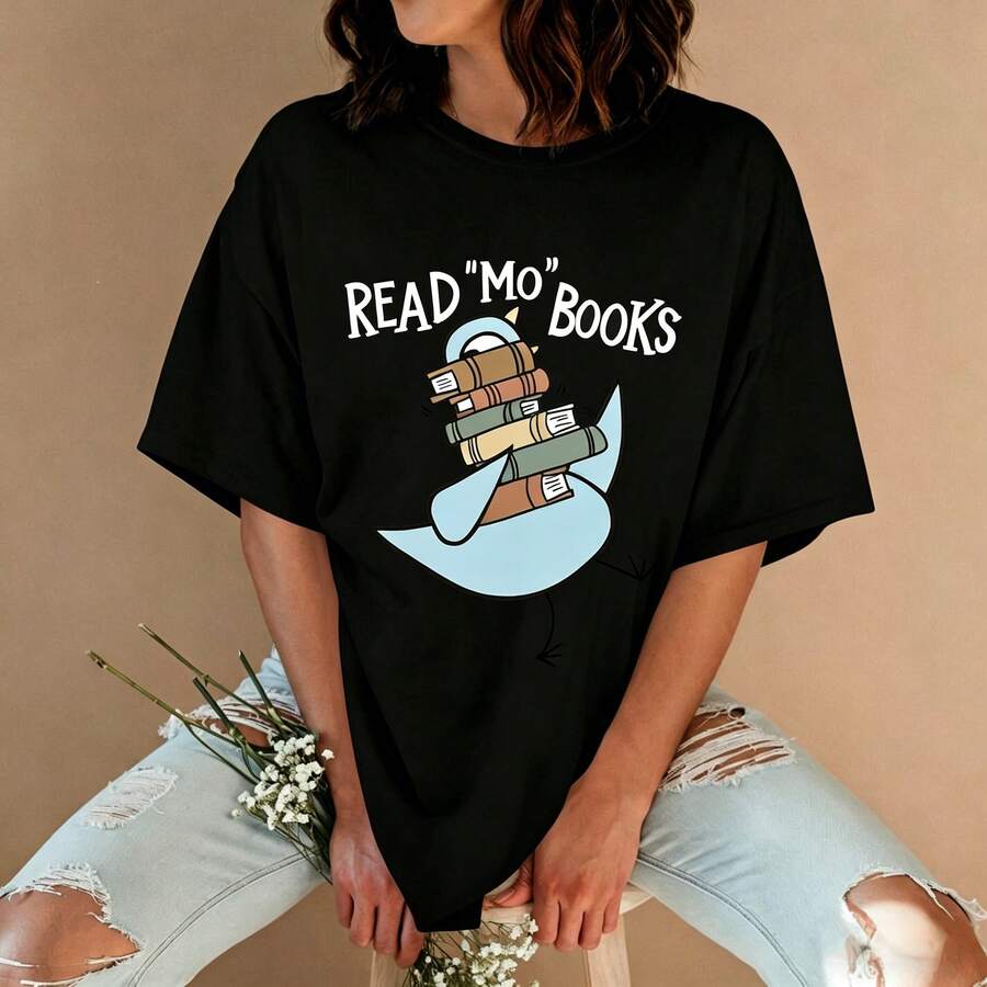 Women's Blouse With A "Read More Books" Print, A Reading-Themed Blouse Ideal For Book Lovers. Its Super Cute And Versatile Casual Style Is Comfortable For Everyday Wear, School, And Casual Outings. Easy To Combine For A Charming And Original Look. P5JJ - 黑色 - 查看 1