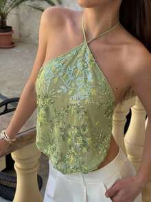 Top halter con espalda descubierta y lentejuelas sexy para mujer, atuendos de verano, ropa de verano, atuendos de playa para mujer, atuendos de vacaciones, atuendos bohemios tropicales de vacaciones, ropa de mujer, atuendos de concierto, atuendos de rave de mujer, atuendos de festival, atuendos de concierto country, atuendos de Ibiza, atuendos de Nashville, ropa occidental para mujer, ropa occidental bohemia, streetwear tropical, gyaru occidental, tops de verano lindos - Verde - Ver 1