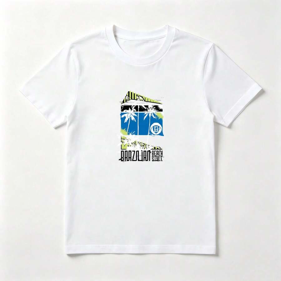 Camiseta Estampado Playa Tropical con Palmeras - Algodón Fresco Verano - Blanco - Ver 1